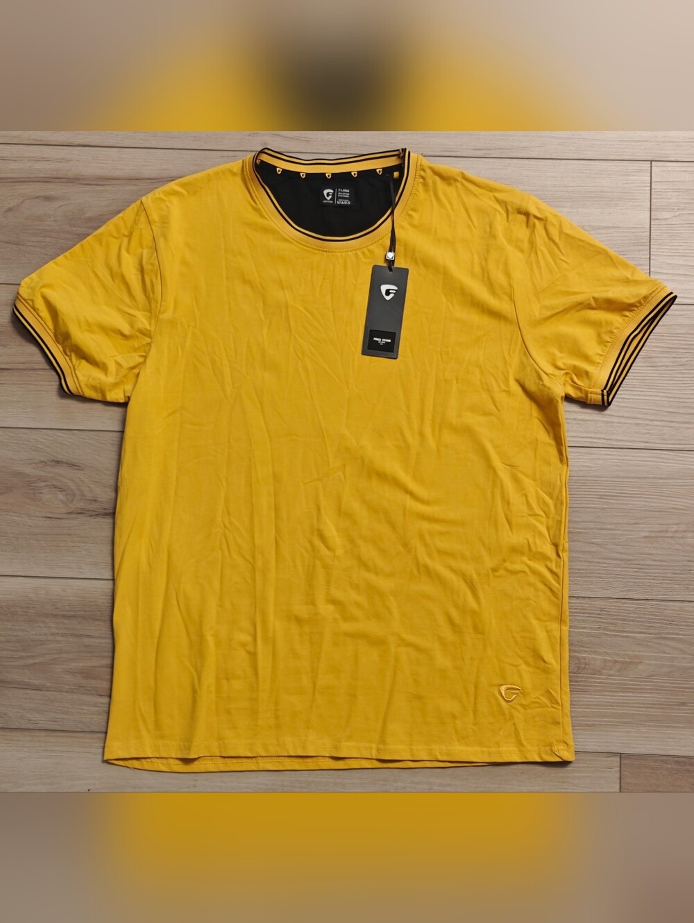 Fried Denim Men's T-Shirt Inca Gold Yellow Black Collar Trim Casual Tee Size XL